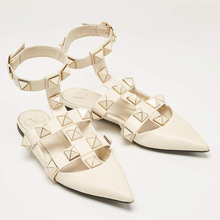 Pre Owned Valentino Cream Leather Roman Stud Ankle Strap Flats Size 38