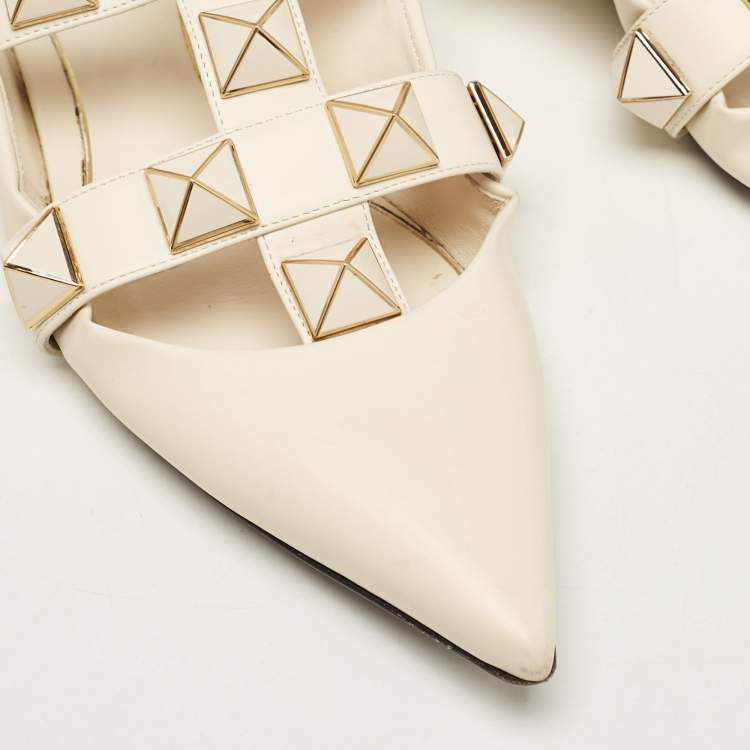 Pre Owned Valentino Cream Leather Roman Stud Ankle Strap Flats Size 38