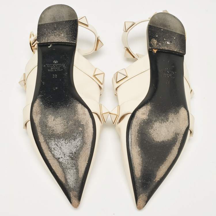 Pre Owned Valentino Cream Leather Roman Stud Ankle Strap Flats Size 38