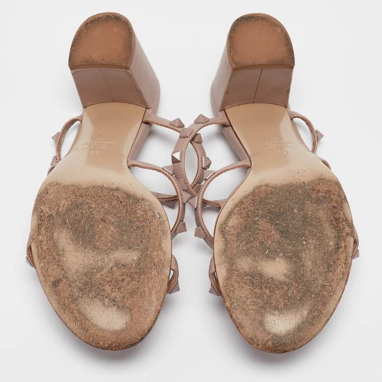 Pre Owned Valentino Dusty Pink Leather Rockstud Slide Sandals Size 39