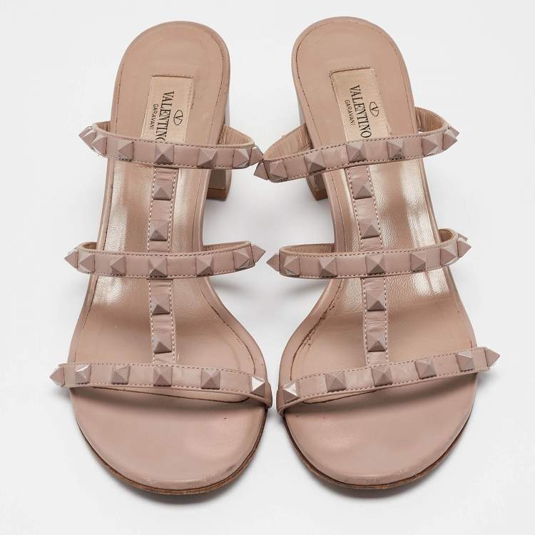 Pre Owned Valentino Dusty Pink Leather Rockstud Slide Sandals Size 39
