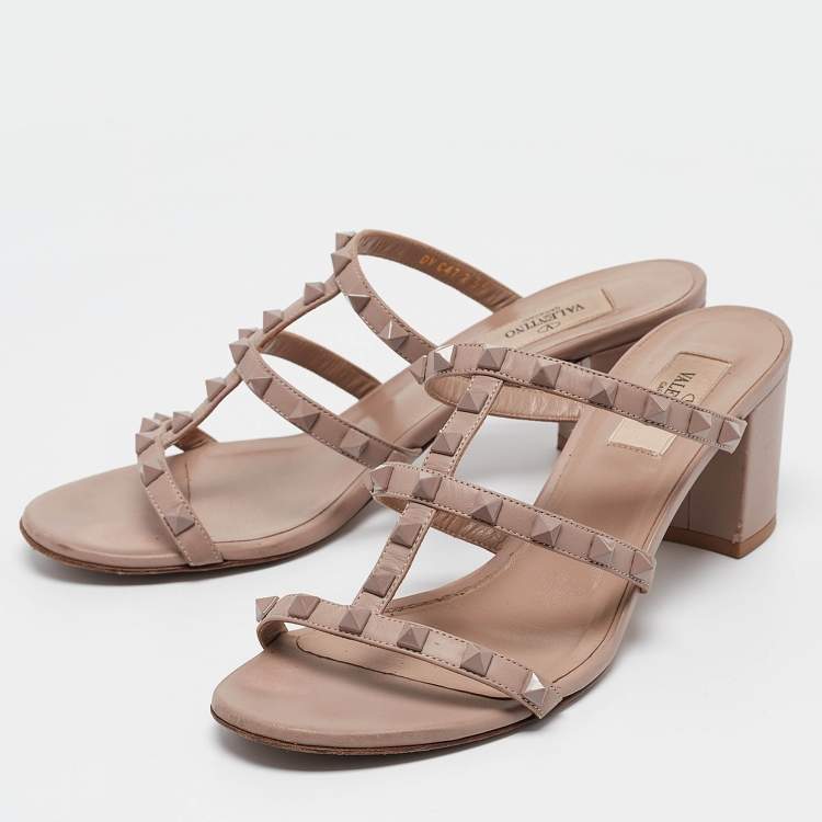 Pre Owned Valentino Dusty Pink Leather Rockstud Slide Sandals Size 39