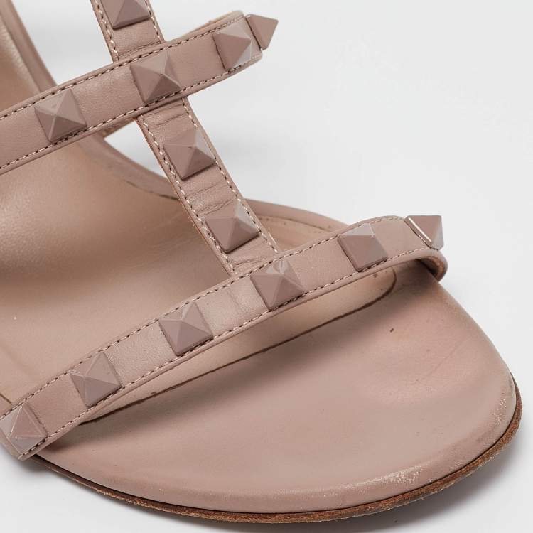 Pre Owned Valentino Dusty Pink Leather Rockstud Slide Sandals Size 39