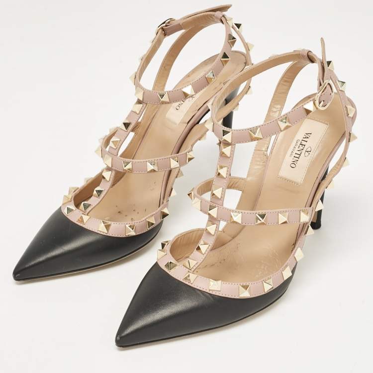 Pre Owned Valentino Black/Dusty Pink Leather Rockstud Ankle Strap Pumps Size 37.5
