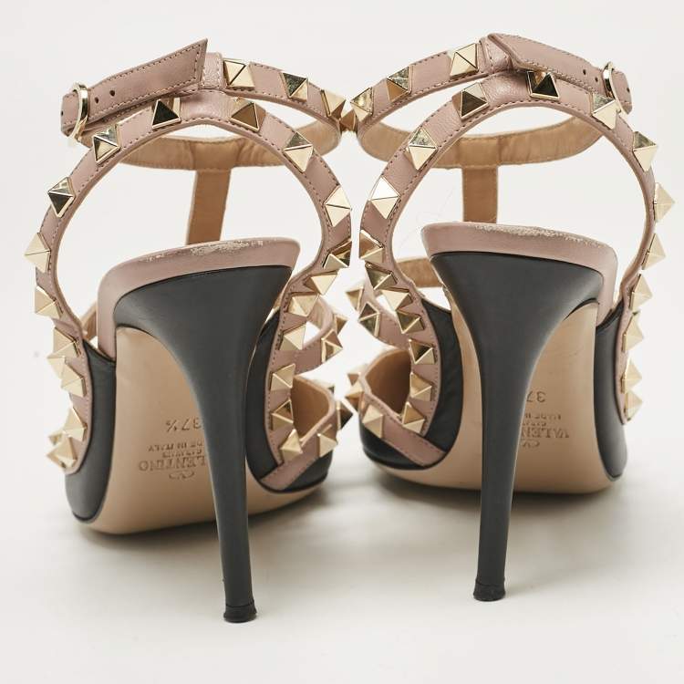 Pre Owned Valentino Black/Dusty Pink Leather Rockstud Ankle Strap Pumps Size 37.5