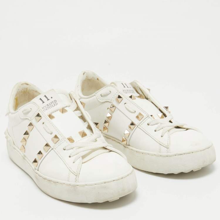 Pre Owned Valentino White Leather Rockstud Low Top Sneakers Size 35.5