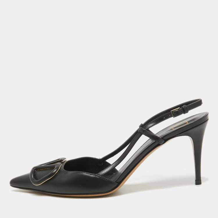 Pre Owned Valentino Black Leather Escape V logo Pumps Size 38