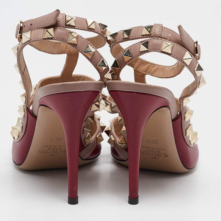 مملوكة مسبقًا Valentino Burgundy/Dusty Pink Leather Rockstud Ankle Strap Pumps Size 35.5