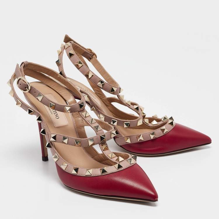 مملوكة مسبقًا Valentino Burgundy/Dusty Pink Leather Rockstud Ankle Strap Pumps Size 35.5