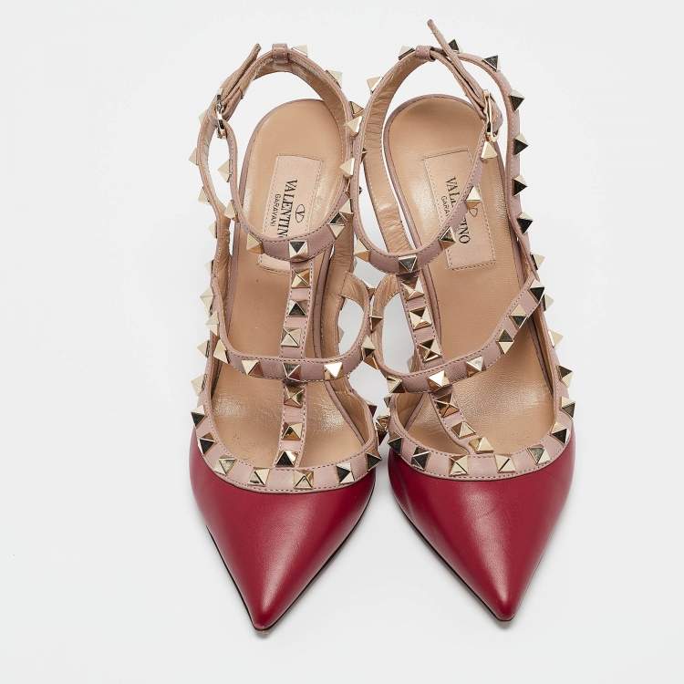 مملوكة مسبقًا Valentino Burgundy/Dusty Pink Leather Rockstud Ankle Strap Pumps Size 35.5