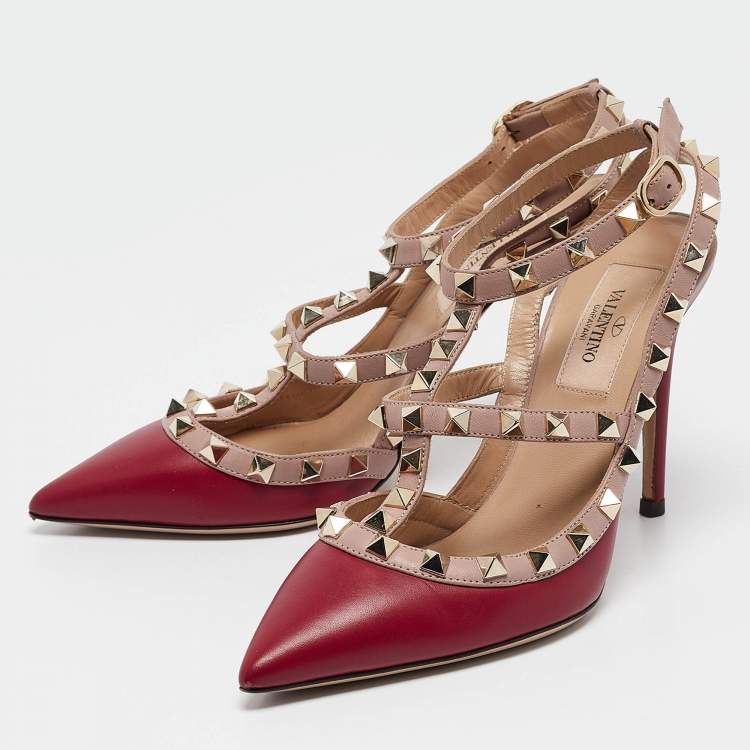 مملوكة مسبقًا Valentino Burgundy/Dusty Pink Leather Rockstud Ankle Strap Pumps Size 35.5