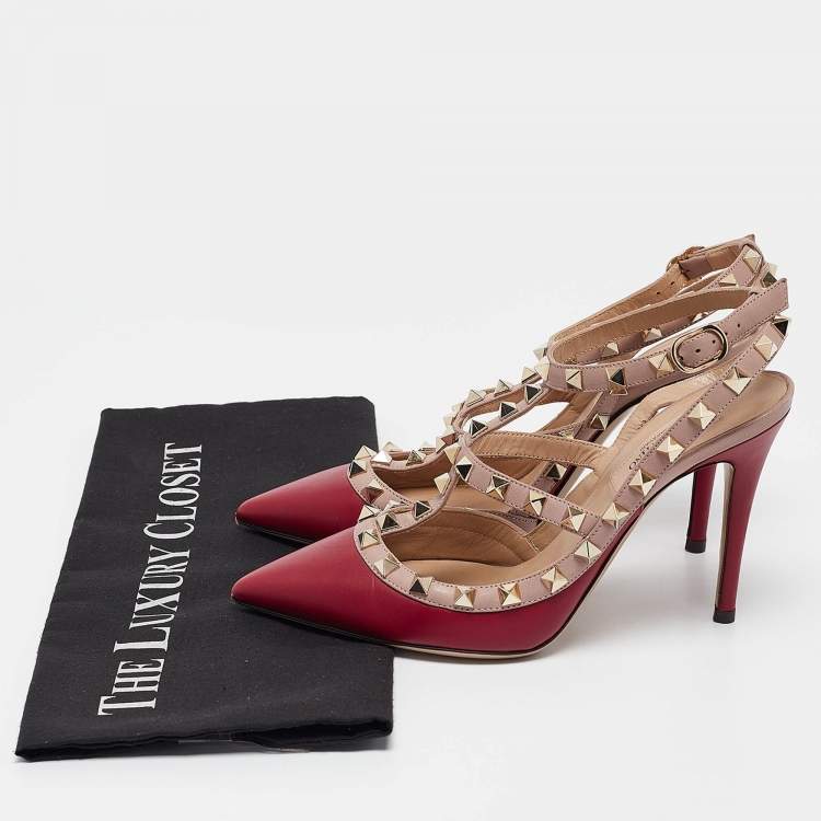 مملوكة مسبقًا Valentino Burgundy/Dusty Pink Leather Rockstud Ankle Strap Pumps Size 35.5
