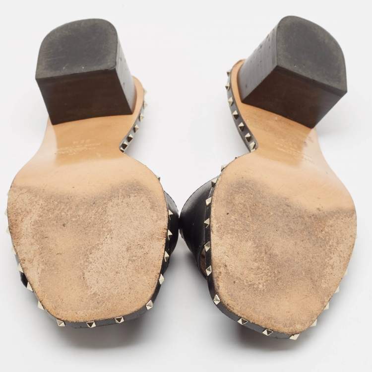 Pre Owned Valentino Black Leather Rockstud Slide Sandals Size 35.5