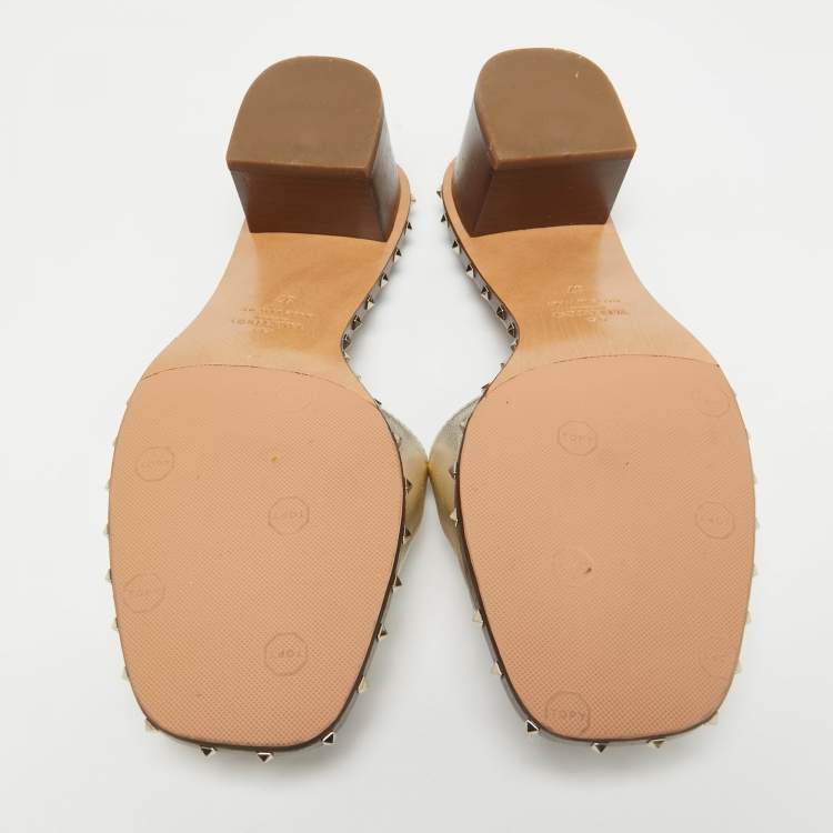 Pre Owned Valentino Gold Leather Soul Rockstud Slide Sandals Size 37