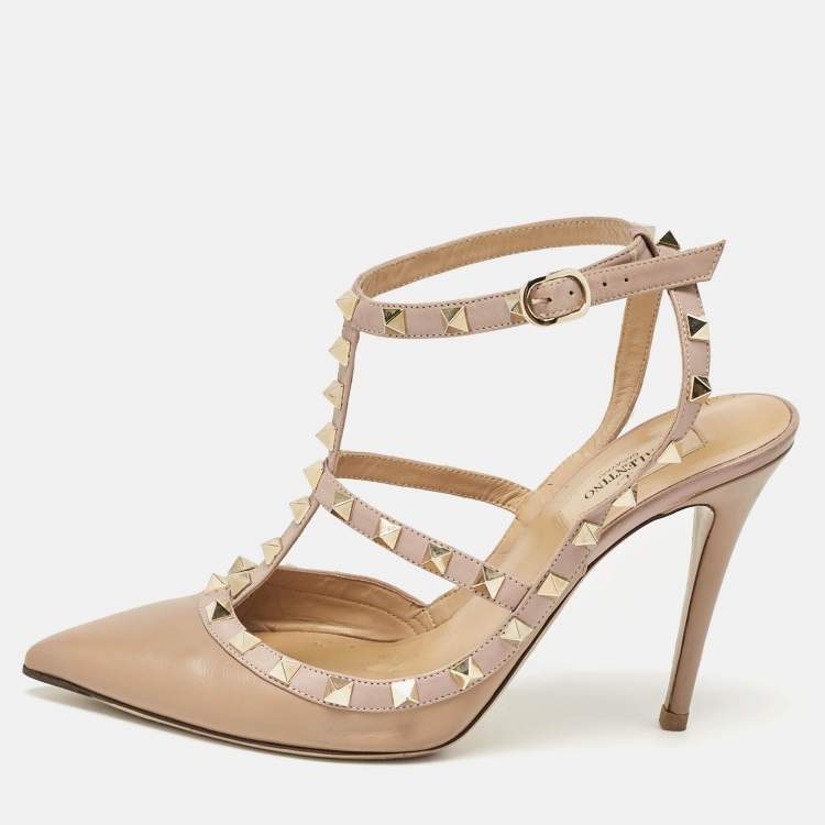 Pre Owned Valentino Beige/Dusty Pink Leather Rockstud Ankle Strap Pumps Size 39