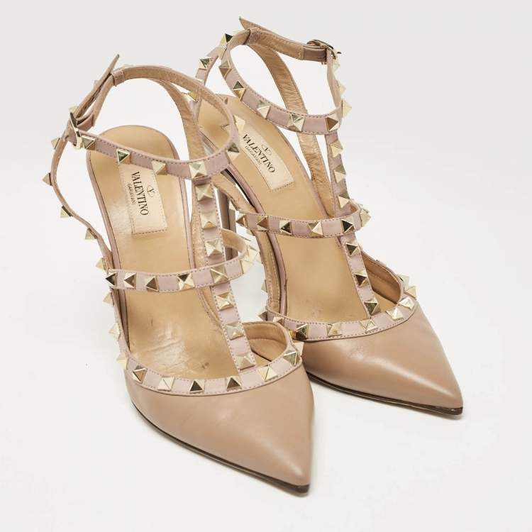 Pre Owned Valentino Beige/Dusty Pink Leather Rockstud Ankle Strap Pumps Size 39