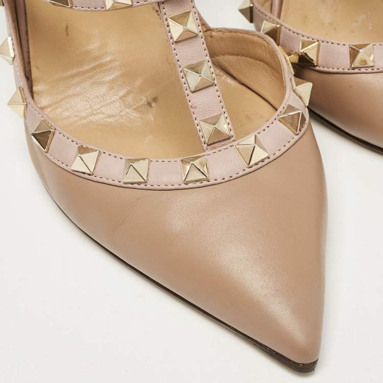 Pre Owned Valentino Beige/Dusty Pink Leather Rockstud Ankle Strap Pumps Size 39