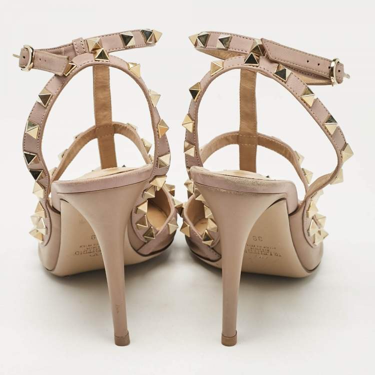 Pre Owned Valentino Beige/Dusty Pink Leather Rockstud Ankle Strap Pumps Size 39