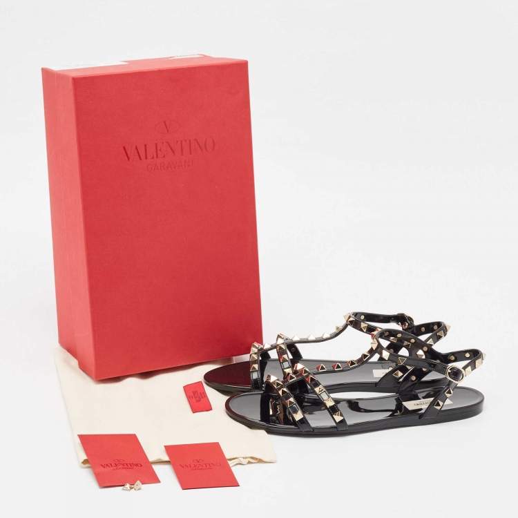 Pre Owned Valentino Black Rubber Rockstud Flat Sandals Size 39