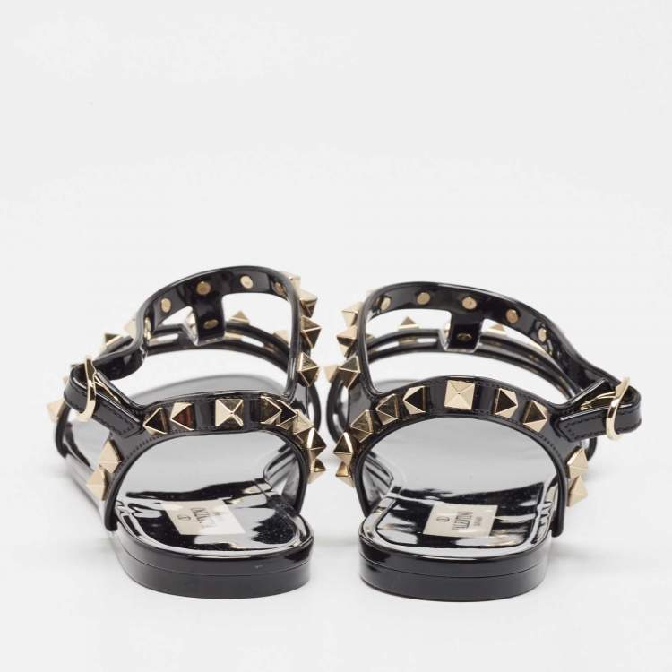 Pre Owned Valentino Black Rubber Rockstud Flat Sandals Size 39