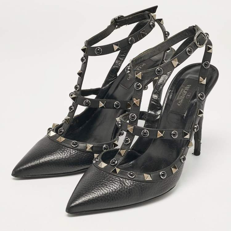 Pre Owned Valentino Black Leather Rockstud Strappy Pointed Toe Pumps Size 39