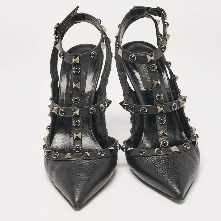 Pre Owned Valentino Black Leather Rockstud Strappy Pointed Toe Pumps Size 39
