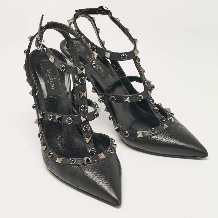 Pre Owned Valentino Black Leather Rockstud Strappy Pointed Toe Pumps Size 39