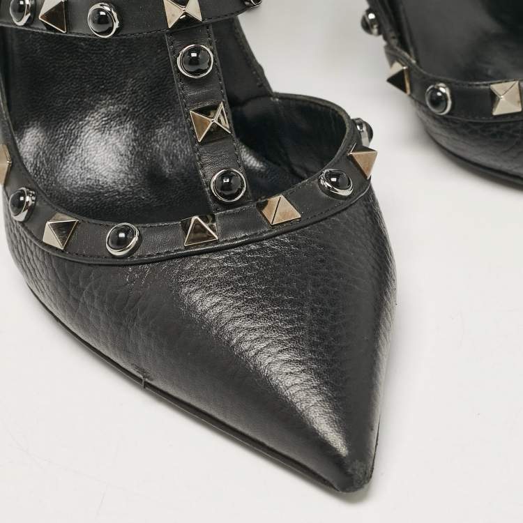 Pre Owned Valentino Black Leather Rockstud Strappy Pointed Toe Pumps Size 39