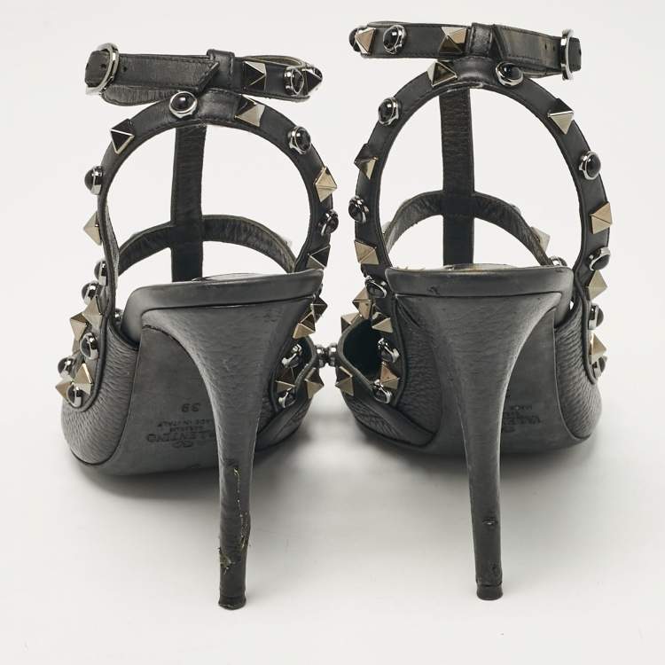 Pre Owned Valentino Black Leather Rockstud Strappy Pointed Toe Pumps Size 39
