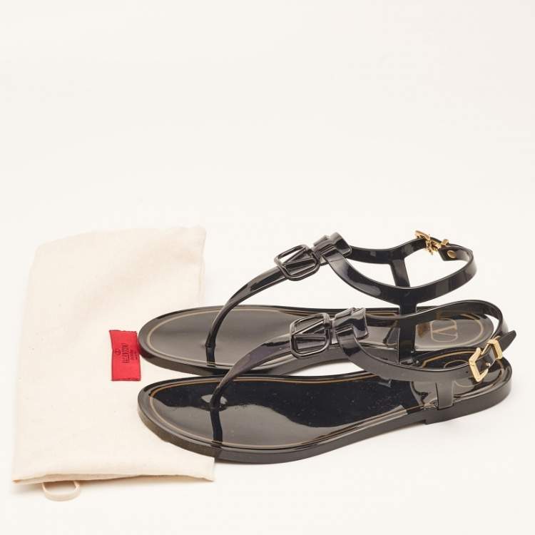 Pre Owned Valentino Black Jelly Escape V Logo Thong Flat Sandals Size 38
