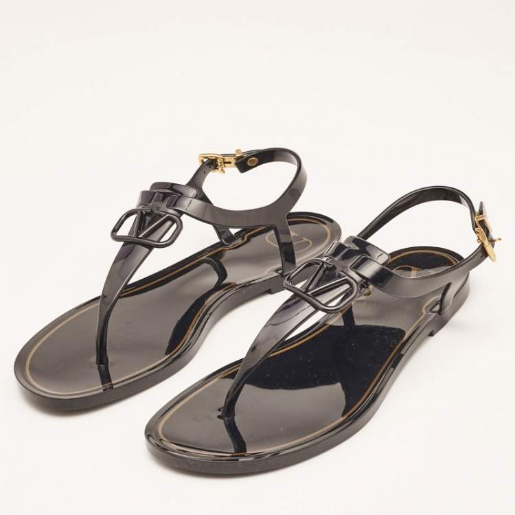 Pre Owned Valentino Black Jelly Escape V Logo Thong Flat Sandals Size 38
