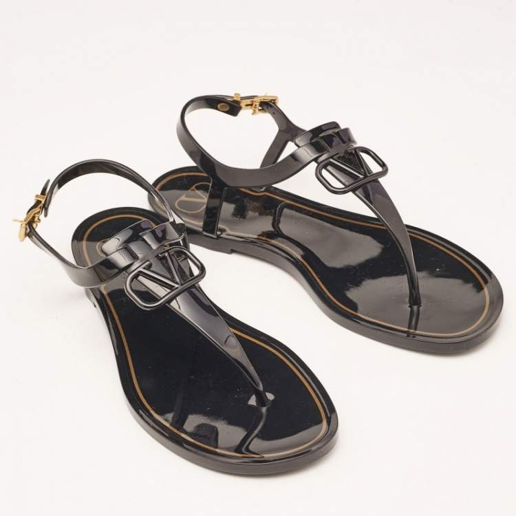 Pre Owned Valentino Black Jelly Escape V Logo Thong Flat Sandals Size 38