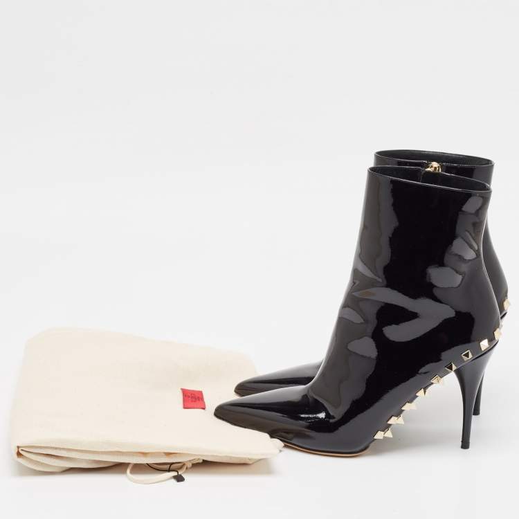Pre Owned Valentino Black Patent Leather Rockstud Ankle Length Boots Size 38.5