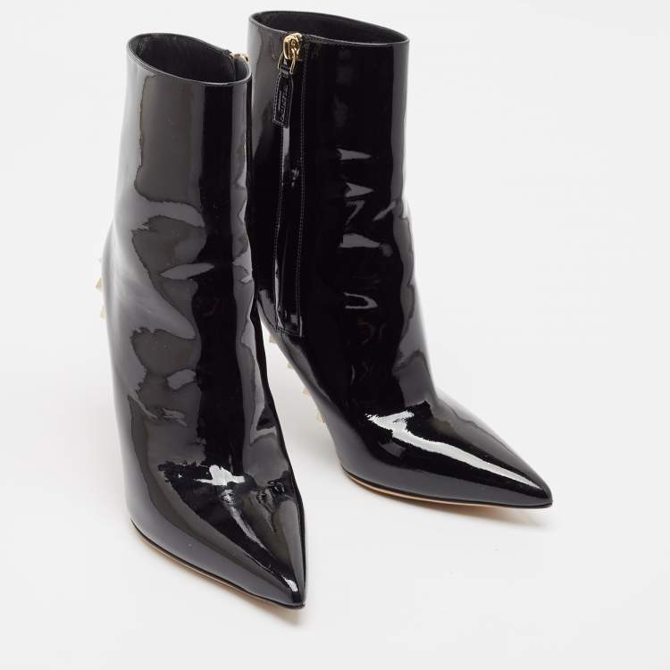 Pre Owned Valentino Black Patent Leather Rockstud Ankle Length Boots Size 38.5