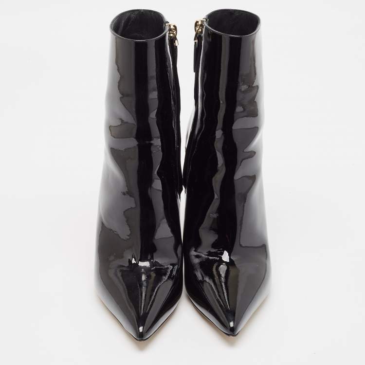 Pre Owned Valentino Black Patent Leather Rockstud Ankle Length Boots Size 38.5