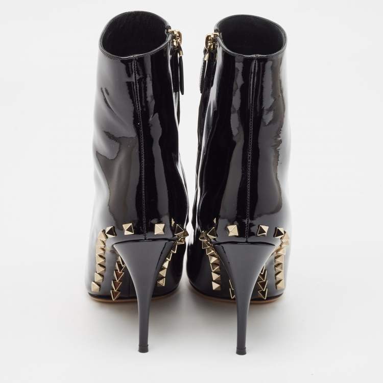 Pre Owned Valentino Black Patent Leather Rockstud Ankle Length Boots Size 38.5