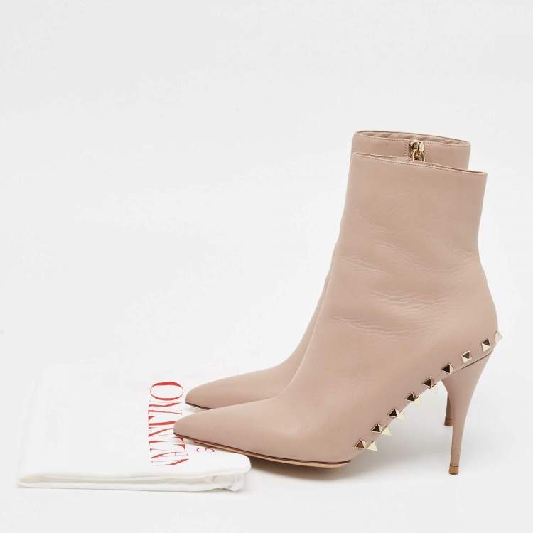 Pre Owned Valentino Beige Leather Rockstud Ankle Length Boots Size 37.5