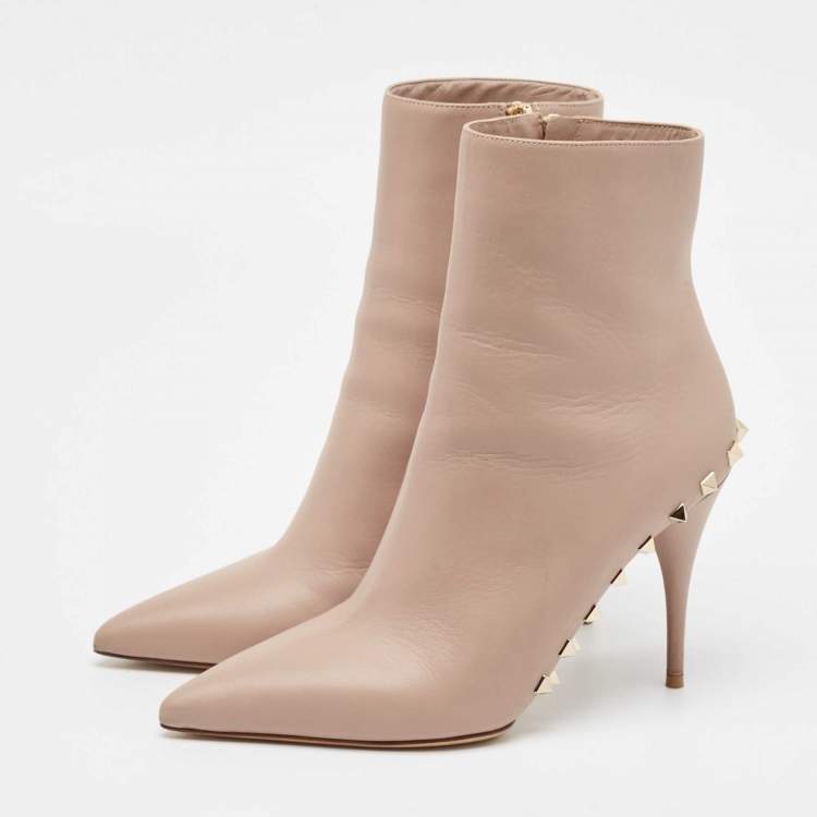 Pre Owned Valentino Beige Leather Rockstud Ankle Length Boots Size 37.5