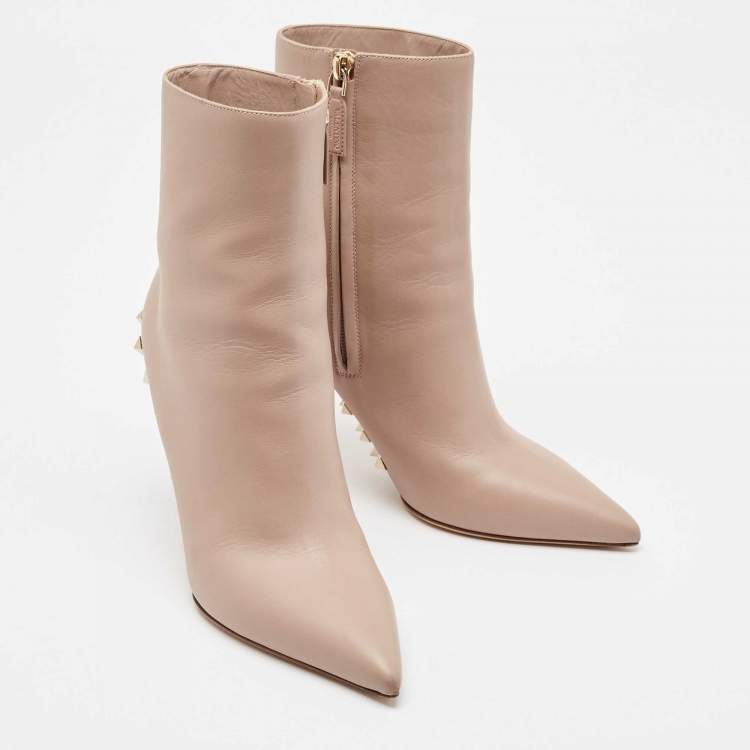 Pre Owned Valentino Beige Leather Rockstud Ankle Length Boots Size 37.5