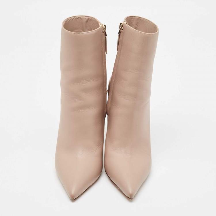 Pre Owned Valentino Beige Leather Rockstud Ankle Length Boots Size 37.5