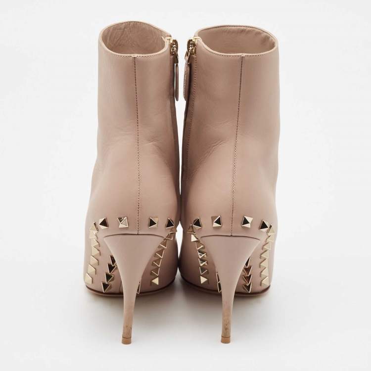 Pre Owned Valentino Beige Leather Rockstud Ankle Length Boots Size 37.5