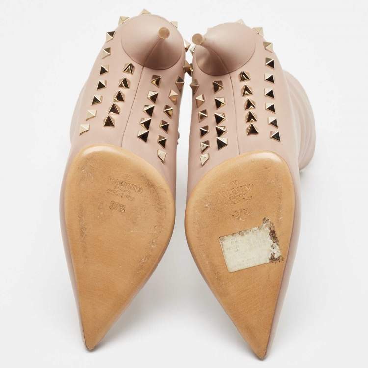 Pre Owned Valentino Beige Leather Rockstud Ankle Length Boots Size 37.5