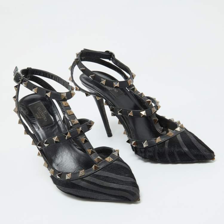 Pre Owned Valentino Black Leather and Calf Hair Rockstud Ankle Strap Pumps Size 40