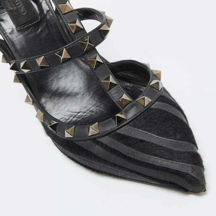 Pre Owned Valentino Black Leather and Calf Hair Rockstud Ankle Strap Pumps Size 40