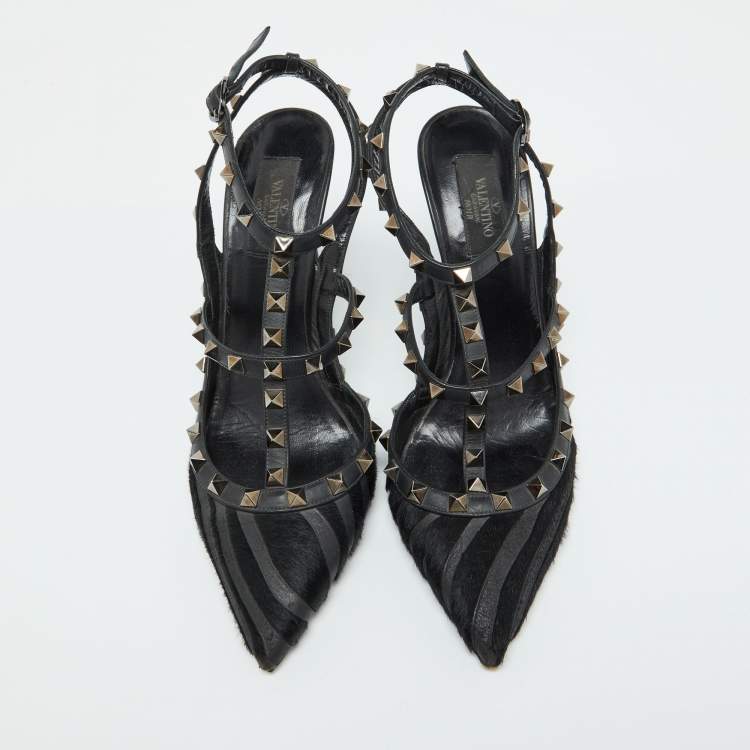 Pre Owned Valentino Black Leather and Calf Hair Rockstud Ankle Strap Pumps Size 40