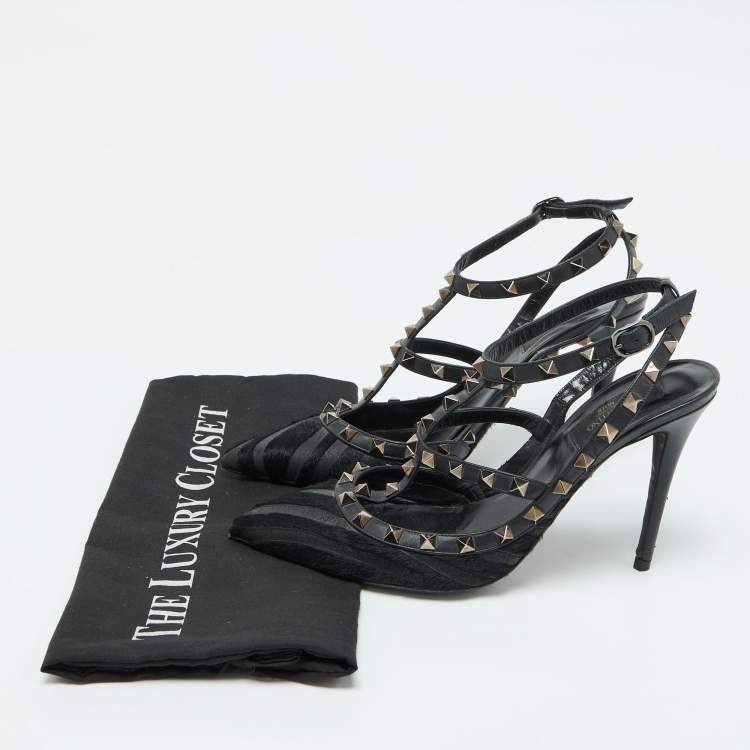 Pre Owned Valentino Black Leather and Calf Hair Rockstud Ankle Strap Pumps Size 40