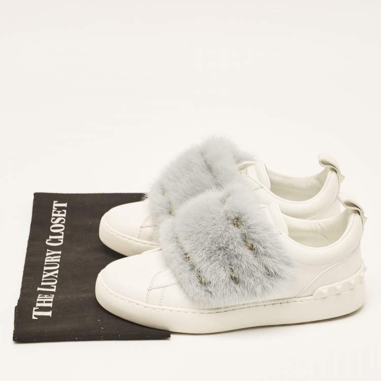 Pre Owned Valentino White Leather and Mink Fur Rockstud Low Top Sneakers Size 37.5