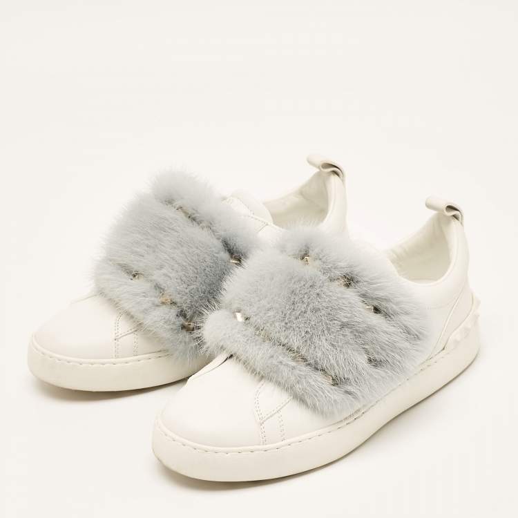Pre Owned Valentino White Leather and Mink Fur Rockstud Low Top Sneakers Size 37.5