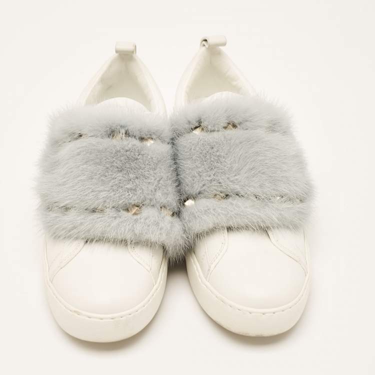 Pre Owned Valentino White Leather and Mink Fur Rockstud Low Top Sneakers Size 37.5