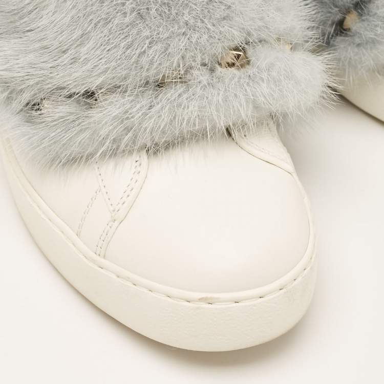 Pre Owned Valentino White Leather and Mink Fur Rockstud Low Top Sneakers Size 37.5